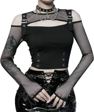 Long Sheer Mesh Sleeve Off Shoulder Women Going Out Goth Tops