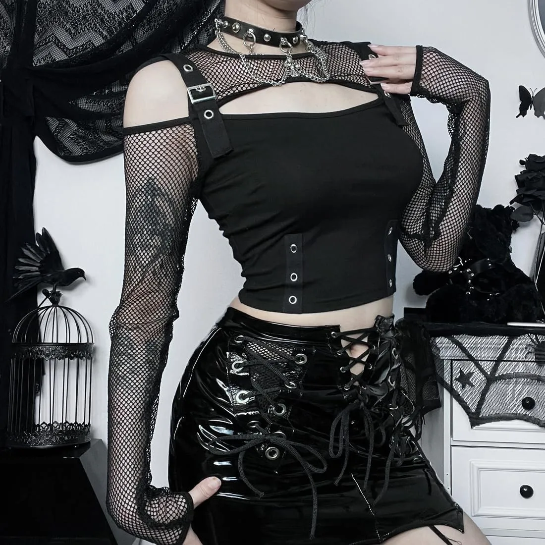 Long Sheer Mesh Sleeve Off Shoulder Women Going Out Goth Tops