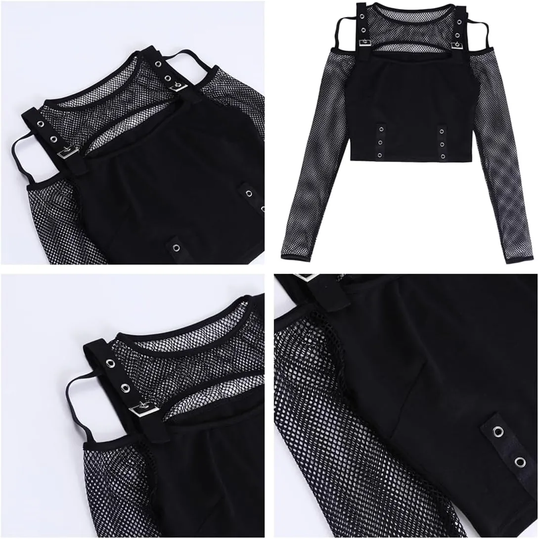 Long Sheer Mesh Sleeve Off Shoulder Women Going Out Goth Tops