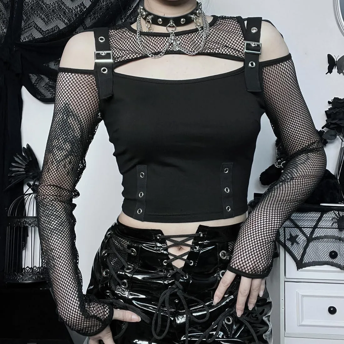 Long Sheer Mesh Sleeve Off Shoulder Women Going Out Goth Tops
