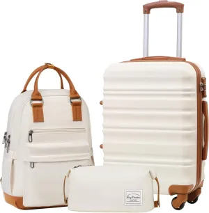LONG VACATION 3 Piece Luggage Set 20 IN Carry on Suitcase ABS PC Handshell Luggage with Spinner Wheels & YKK Zipper TSA Lock (20 INCH (BP/TB), WHITE-BROWN)