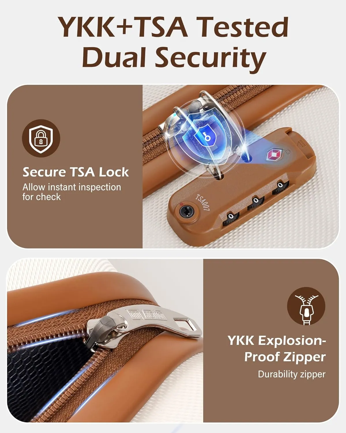 LONG VACATION 3 Piece Luggage Set 20 IN Carry on Suitcase ABS PC Handshell Luggage with Spinner Wheels & YKK Zipper TSA Lock (20 INCH (BP/TB), WHITE-BROWN)