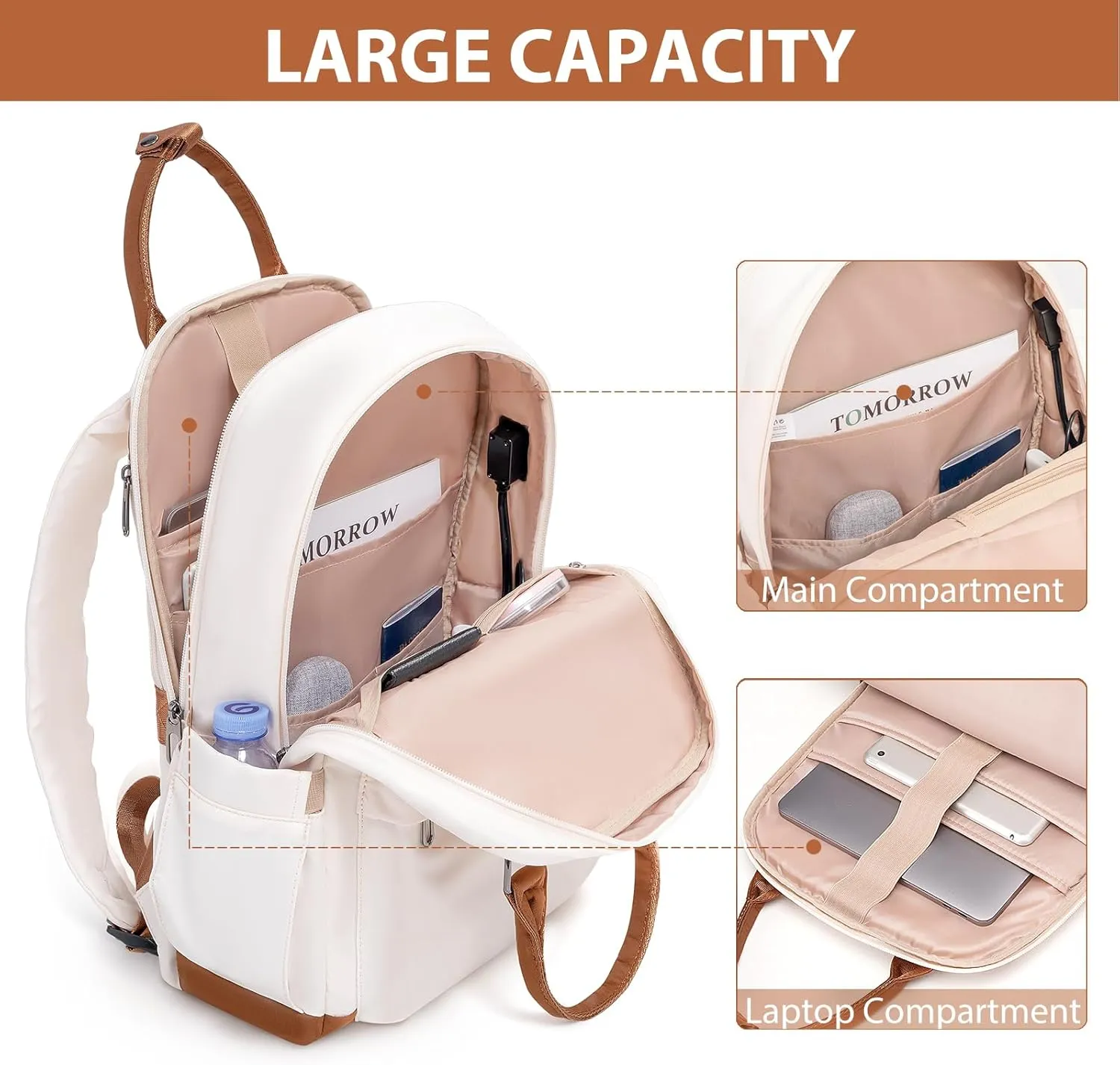 LONG VACATION 3 Piece Luggage Set 20 IN Carry on Suitcase ABS PC Handshell Luggage with Spinner Wheels & YKK Zipper TSA Lock (20 INCH (BP/TB), WHITE-BROWN)
