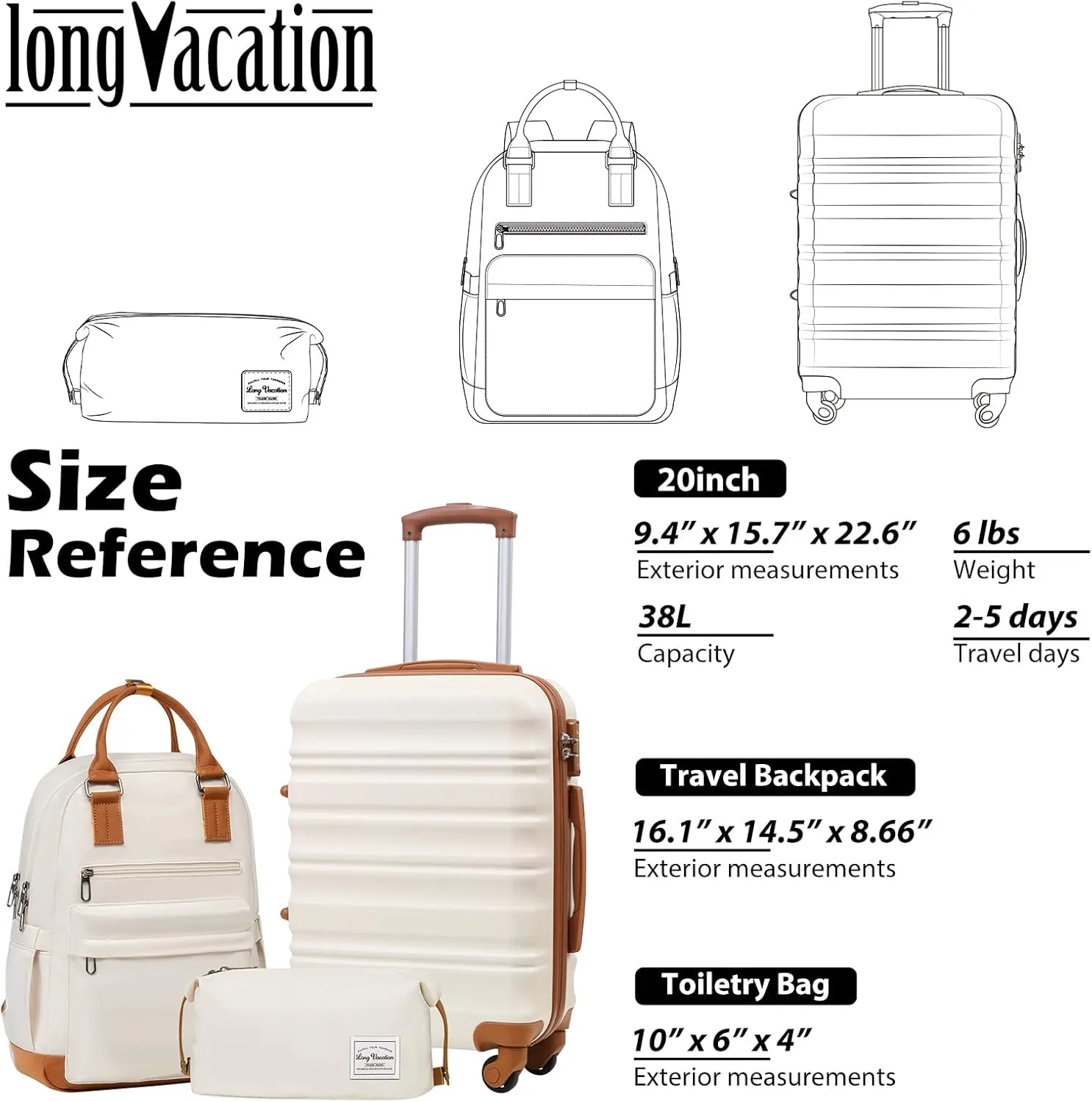 LONG VACATION 3 Piece Luggage Set 20 IN Carry on Suitcase ABS PC Handshell Luggage with Spinner Wheels & YKK Zipper TSA Lock (20 INCH (BP/TB), WHITE-BROWN)