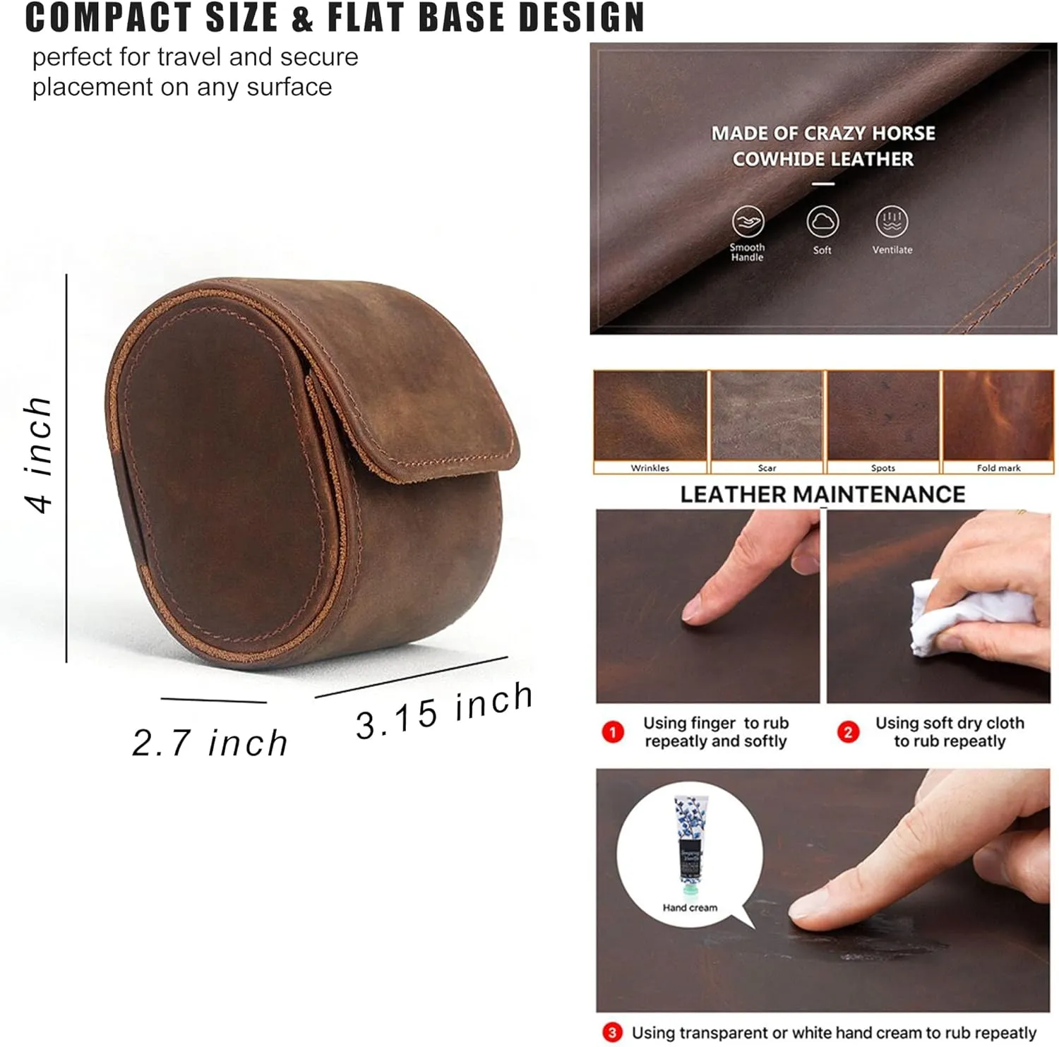 Longjet Watch Roll Travel Case for Men Portable Watches Organizer Box with Removable Velvet Pillow Holder (1 Slot Coffee/Genuine Leather)