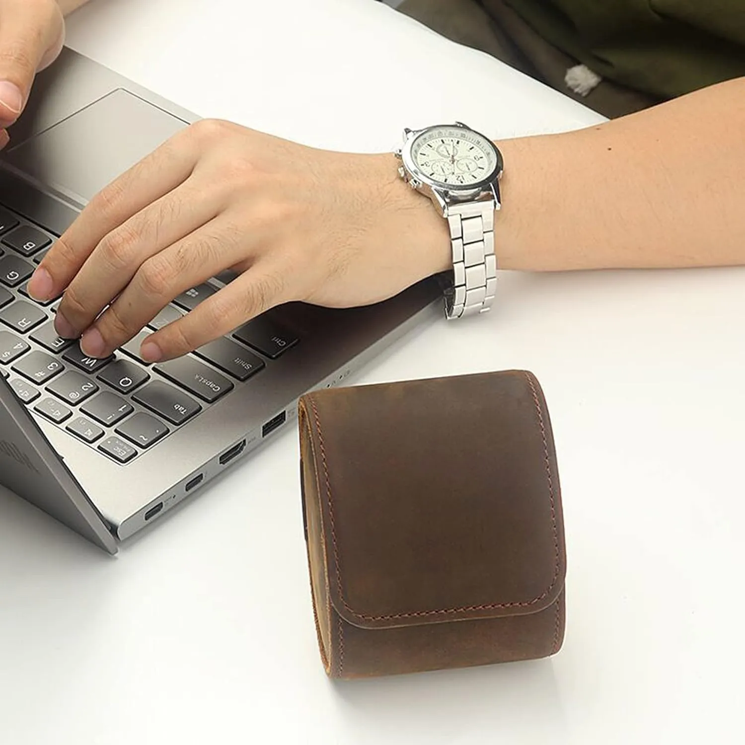 Longjet Watch Roll Travel Case for Men Portable Watches Organizer Box with Removable Velvet Pillow Holder (1 Slot Coffee/Genuine Leather)