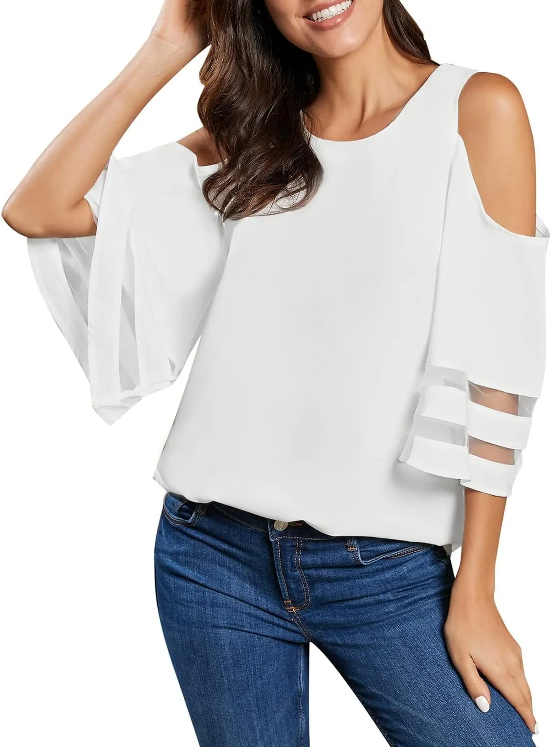 LookbookStore Women's Cold Shoulder Loose Shirt Tops 3/4 Bell Mesh Sleeve Blouse