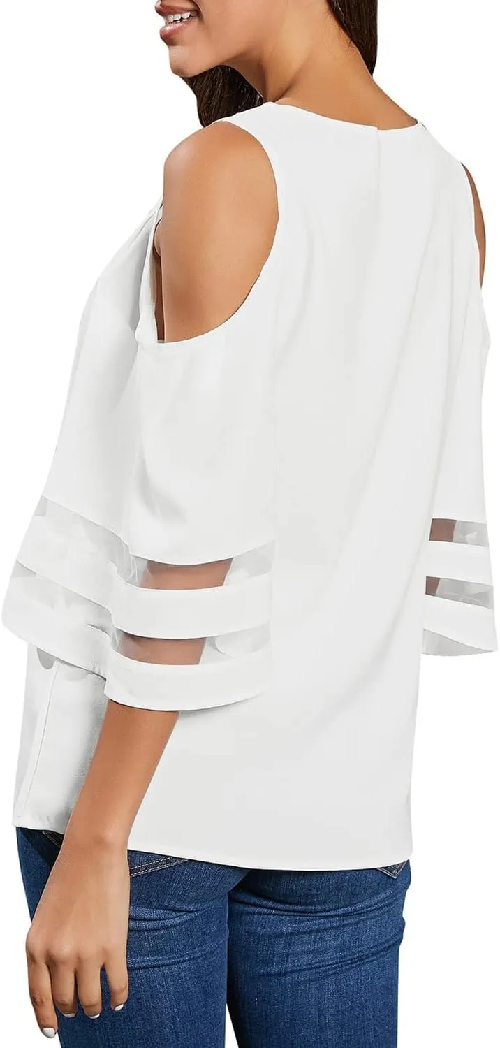 LookbookStore Women's Cold Shoulder Loose Shirt Tops 3/4 Bell Mesh Sleeve Blouse