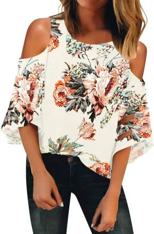 LookbookStore Women's Cold Shoulder Loose Shirt Tops 3/4 Bell Mesh Sleeve Blouse