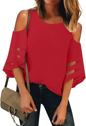 LookbookStore Women's Cold Shoulder Loose Shirt Tops 3/4 Bell Mesh Sleeve Blouse