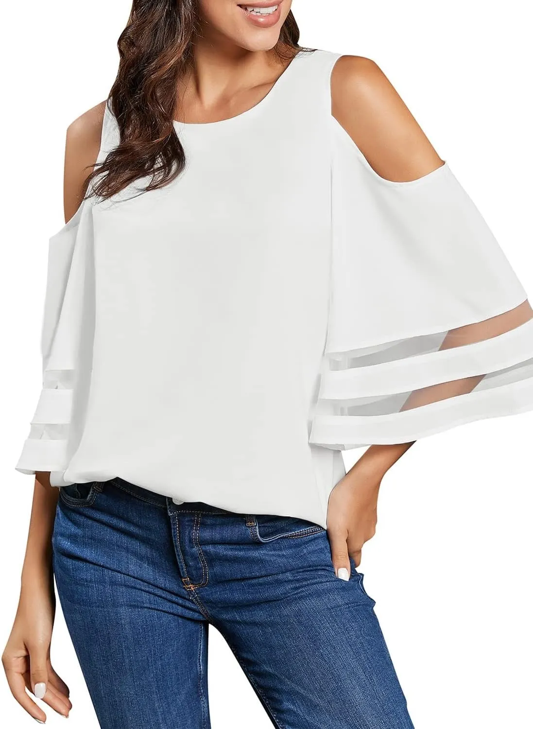 LookbookStore Women's Cold Shoulder Loose Shirt Tops 3/4 Bell Mesh Sleeve Blouse