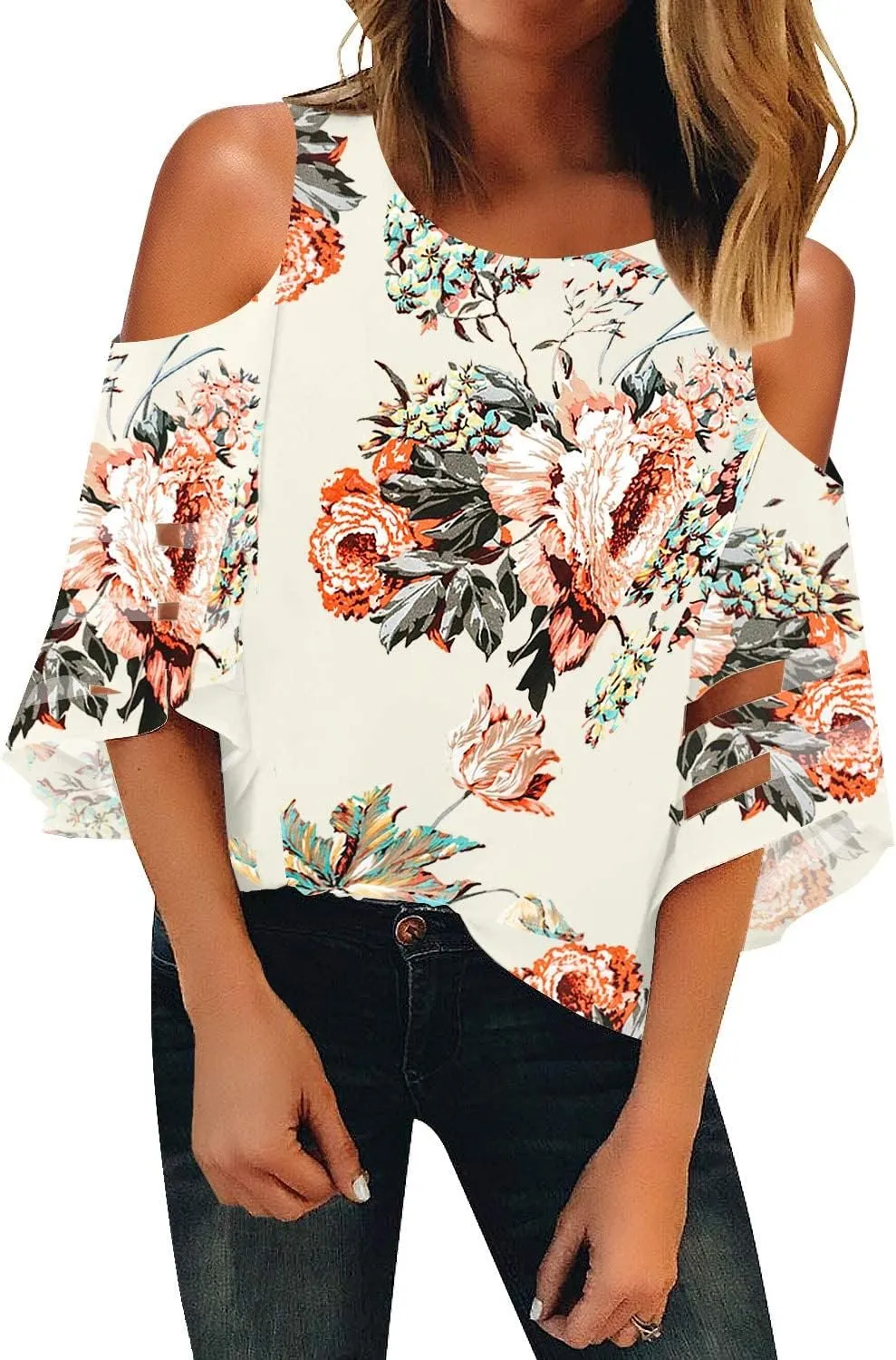 LookbookStore Women's Cold Shoulder Loose Shirt Tops 3/4 Bell Mesh Sleeve Blouse