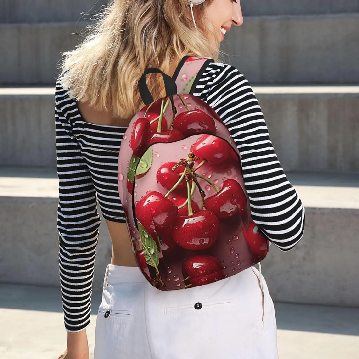 Lovely Sweet Red Cherry Large Canvas Backpack Lightweight Adjustable Laptop Bag Casual Backpack For Travel Work Small
