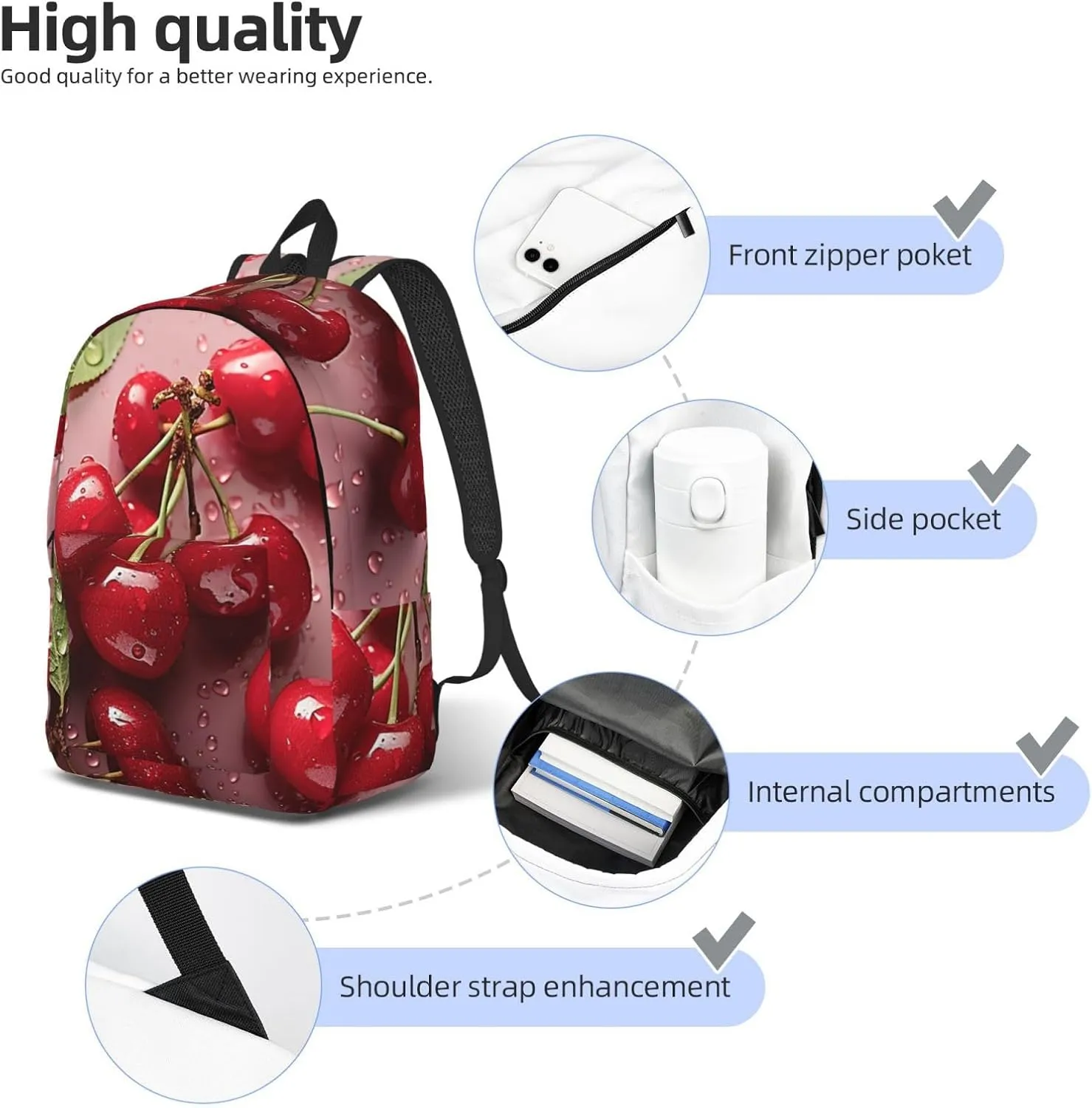 Lovely Sweet Red Cherry Large Canvas Backpack Lightweight Adjustable Laptop Bag Casual Backpack For Travel Work Small