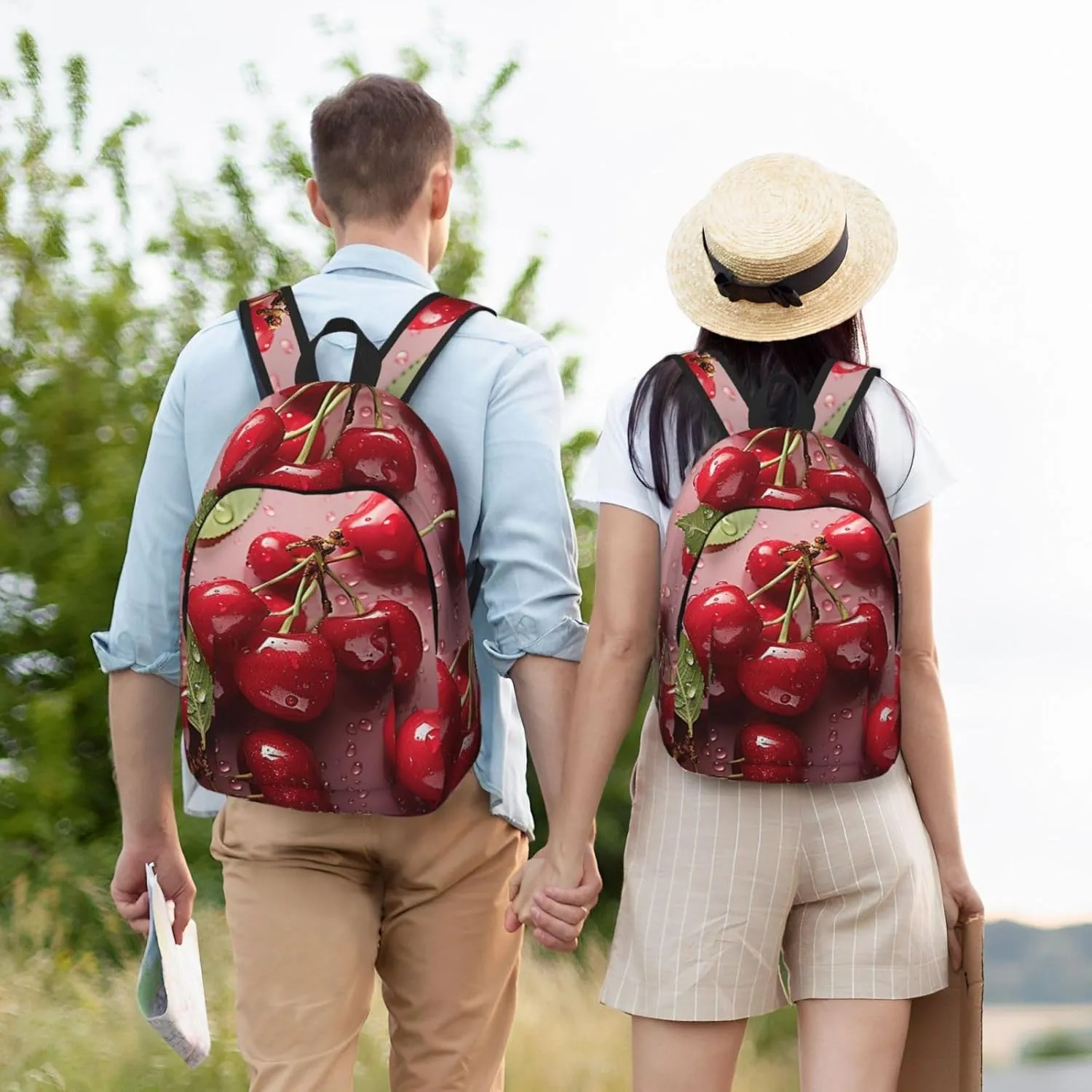 Lovely Sweet Red Cherry Large Canvas Backpack Lightweight Adjustable Laptop Bag Casual Backpack For Travel Work Small