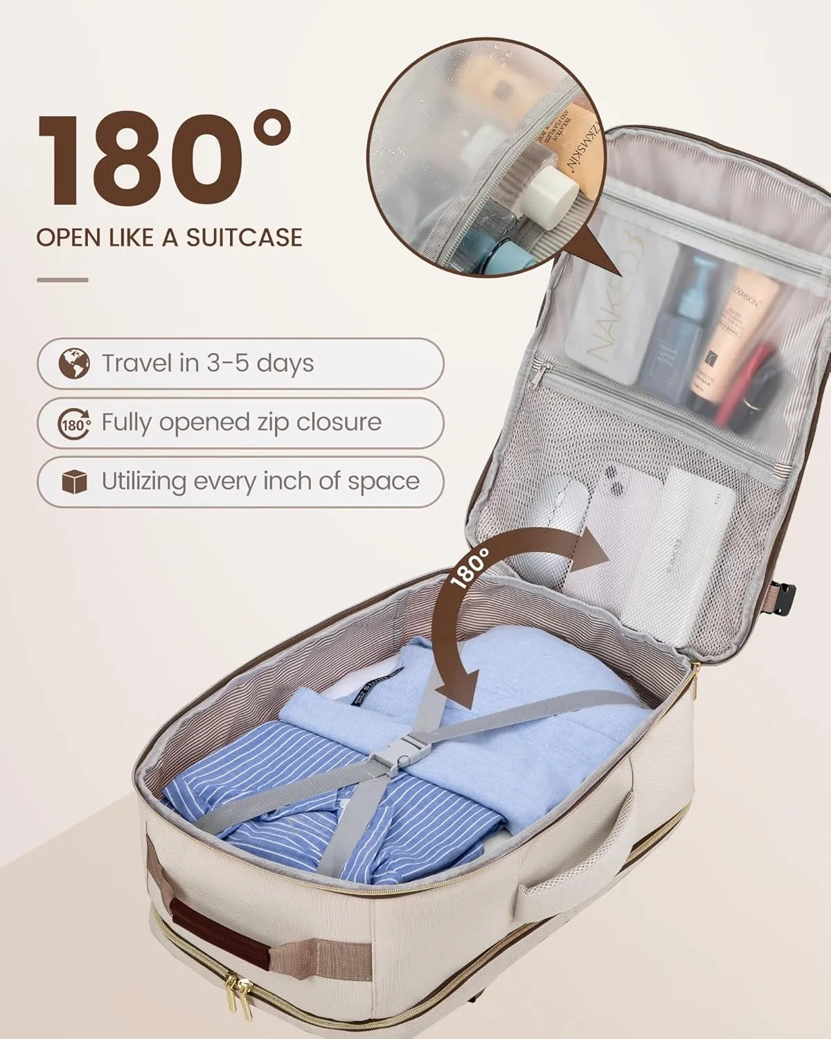 LOVEVOOK Carry on Travel Backpack, 50L Waterproof Large 18 inch Laptop Luggage Daypack as Personal Item Flight Approved, Business Weekender Overnight with 3 Packing Cubes, Primary-Coffee