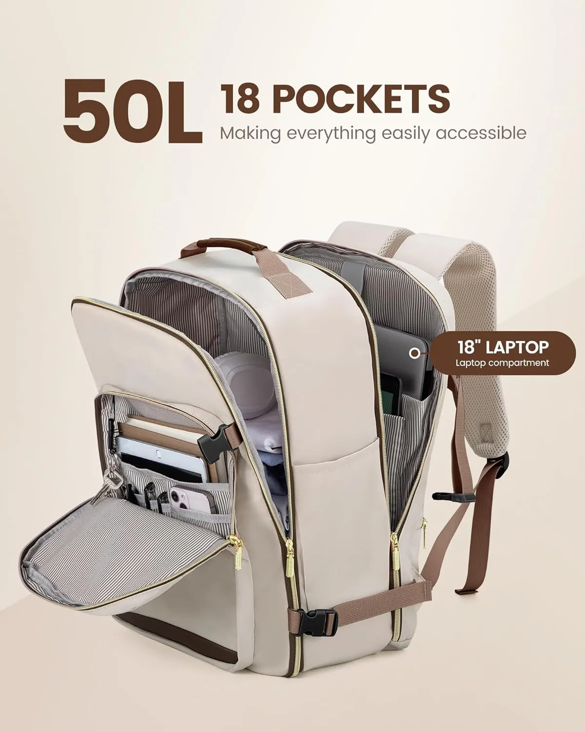 LOVEVOOK Carry on Travel Backpack, 50L Waterproof Large 18 inch Laptop Luggage Daypack as Personal Item Flight Approved, Business Weekender Overnight with 3 Packing Cubes, Primary-Coffee