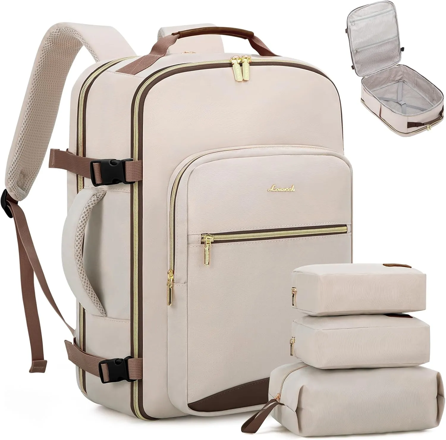 LOVEVOOK Carry on Travel Backpack, 50L Waterproof Large 18 inch Laptop Luggage Daypack as Personal Item Flight Approved, Business Weekender Overnight with 3 Packing Cubes, Primary-Coffee