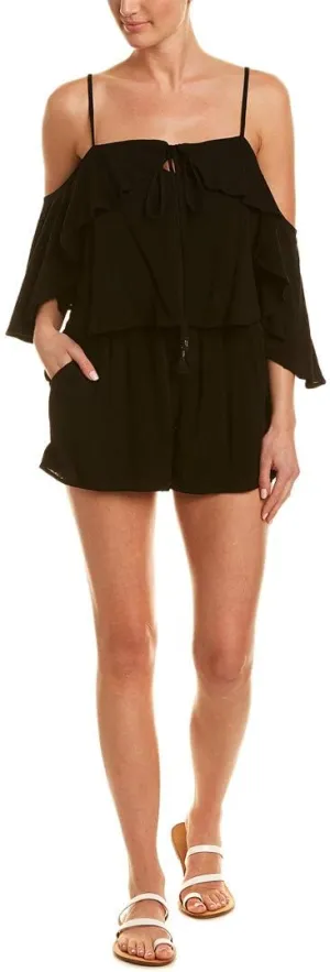 LSpace Womens Seaside Ruffled Halter Romper Swim Cover-Up Black S