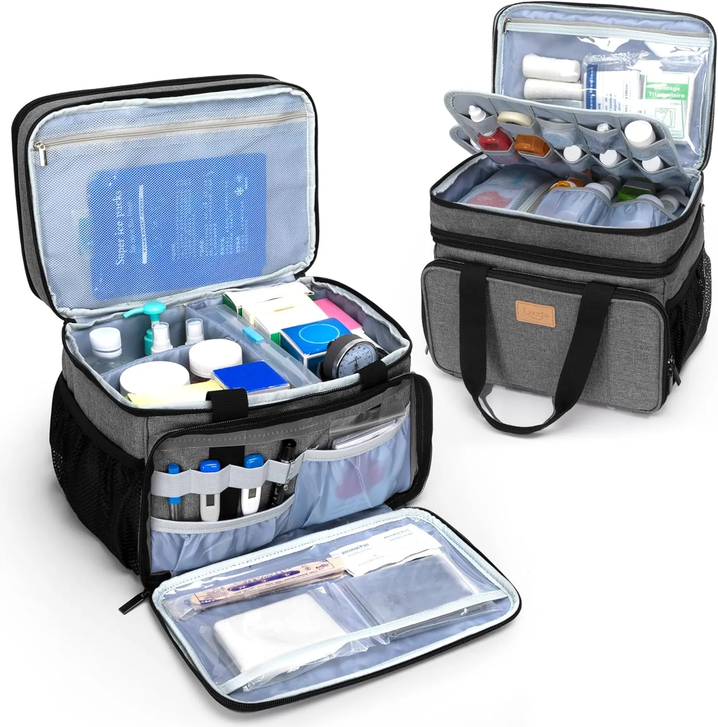 LUXJA 2 Layers Medicine Bag with Detachable Divider, Pill Bottle Organizer Suitable for Home or Travel Use, Gray