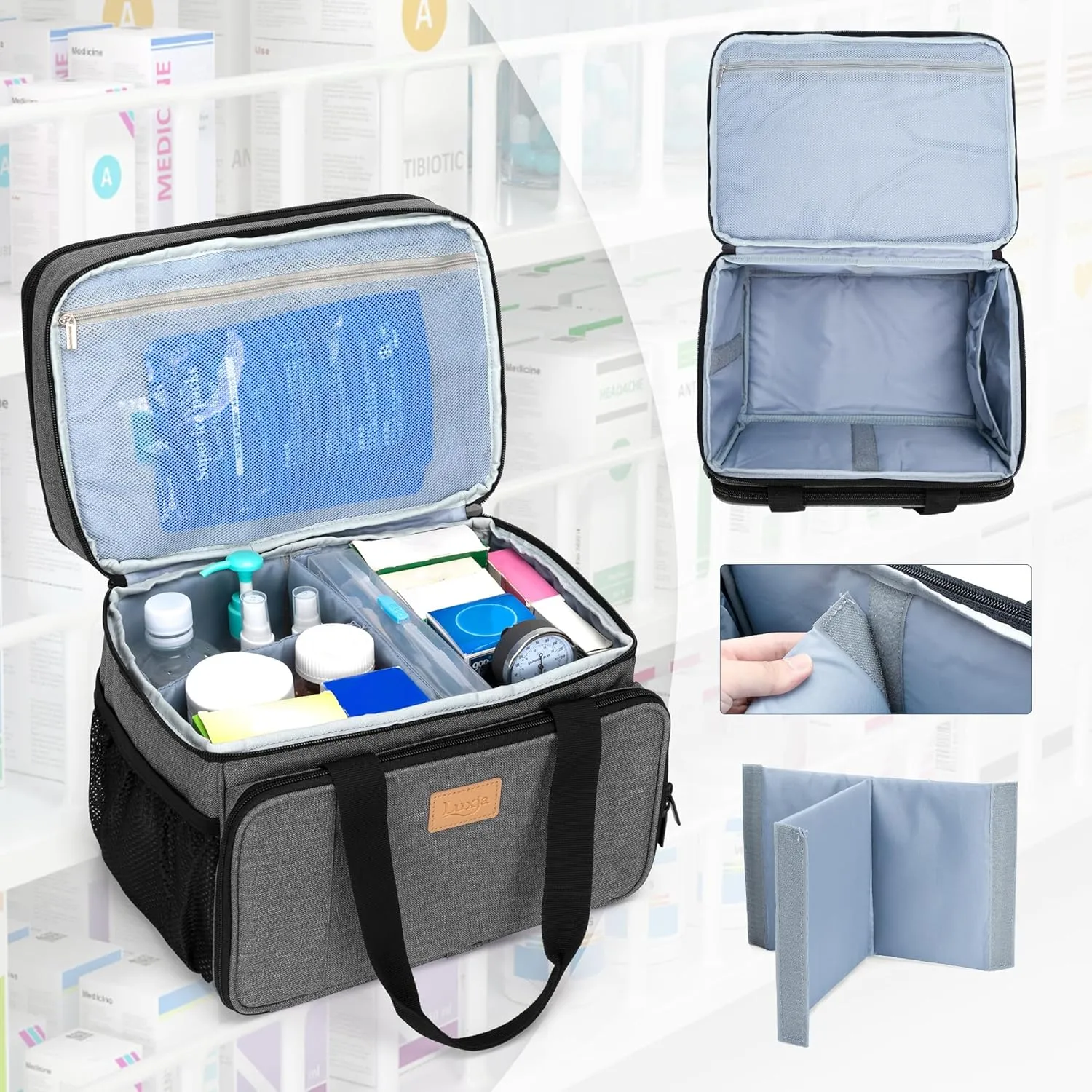 LUXJA 2 Layers Medicine Bag with Detachable Divider, Pill Bottle Organizer Suitable for Home or Travel Use, Gray