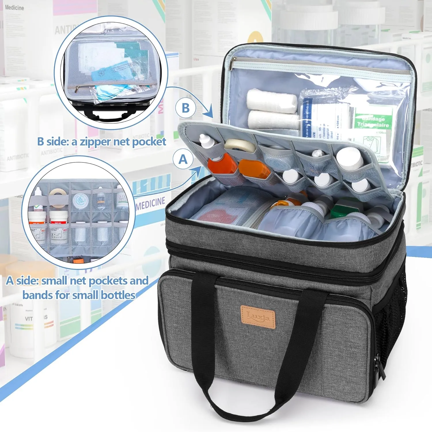 LUXJA 2 Layers Medicine Bag with Detachable Divider, Pill Bottle Organizer Suitable for Home or Travel Use, Gray