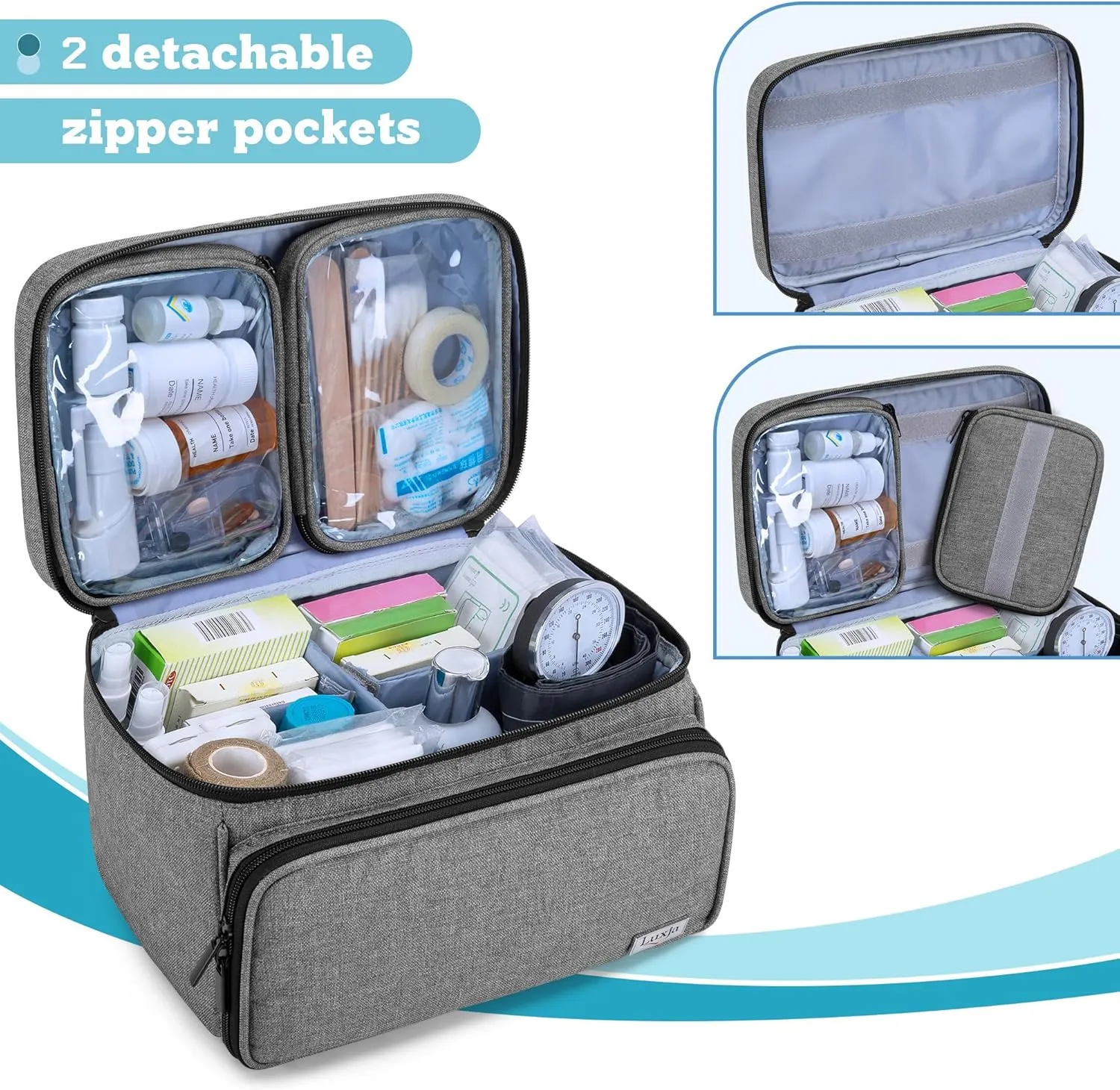 LUXJA Medicine Bag with 2 Detachable Clear Pouches, Pill Bottle Organizer with Detachable Dividers (Suitable for Home or Travel Use), Gray