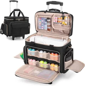 LUXJA Rolling Sewing Machine Case with Multiple Pockets, Sewing Machine Bag with Wheels and Detachable Shoulder Strap (Compatible with Most Standard Sewing Machines), Black