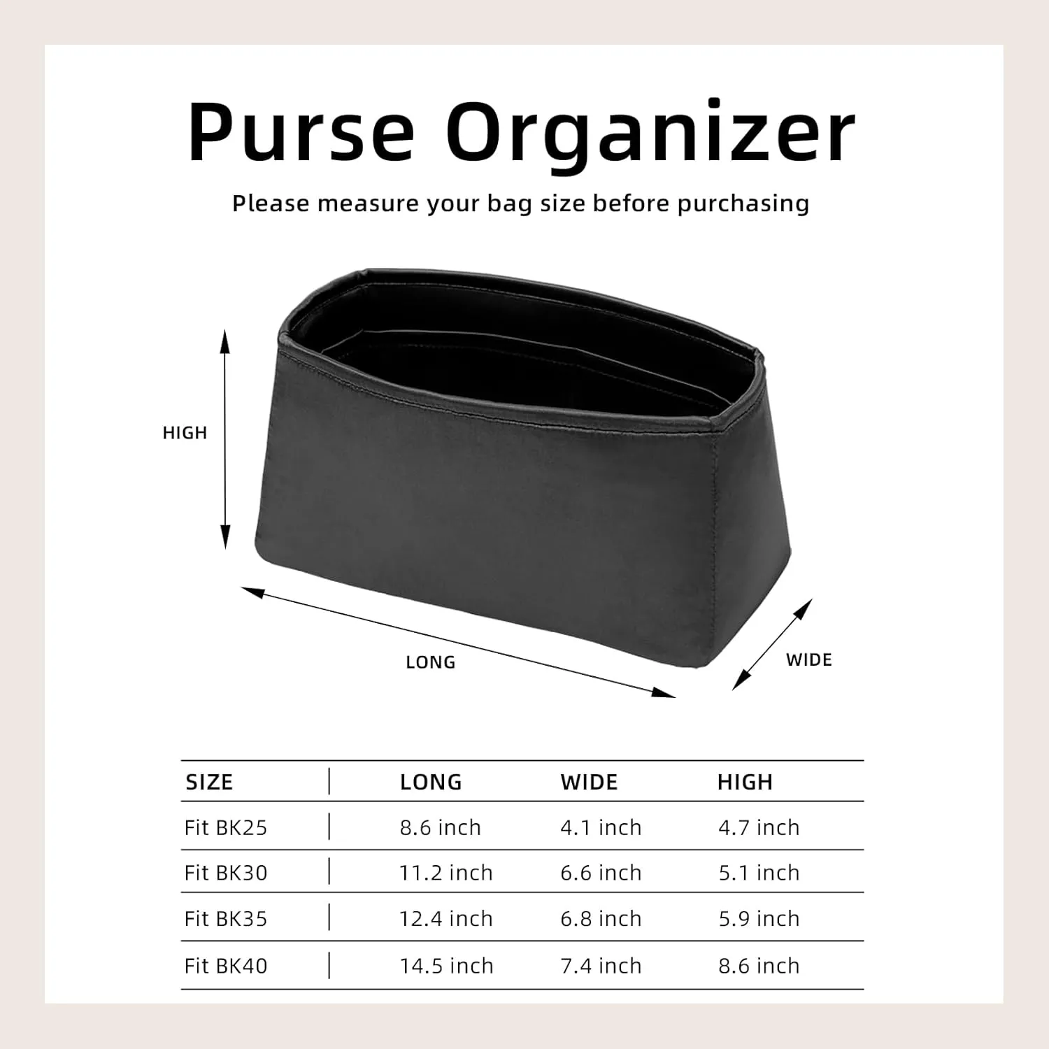 Luxury Silk Purse Organizer for Birkin 25 - Silky Smooth Handbag Insert with Hidden Zipper, Lightweight and Supportive Tote Shaper for Elegant Storage (Black)