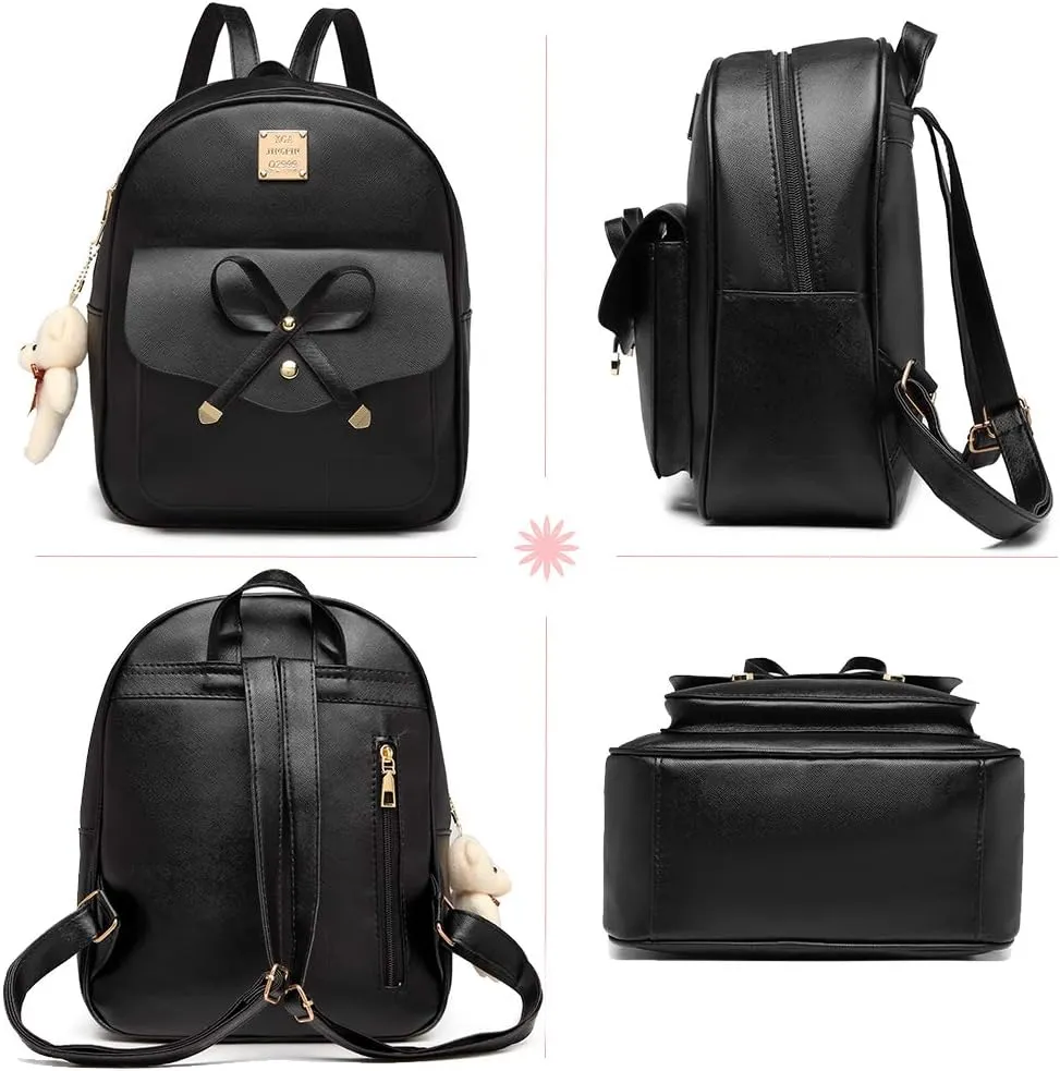 MACCINELO Cute Leather Mini Backpack Purse for Women Bowknot Small Backpack for Girls gift Rucksack Ladies Shoulder Bag 3pcs