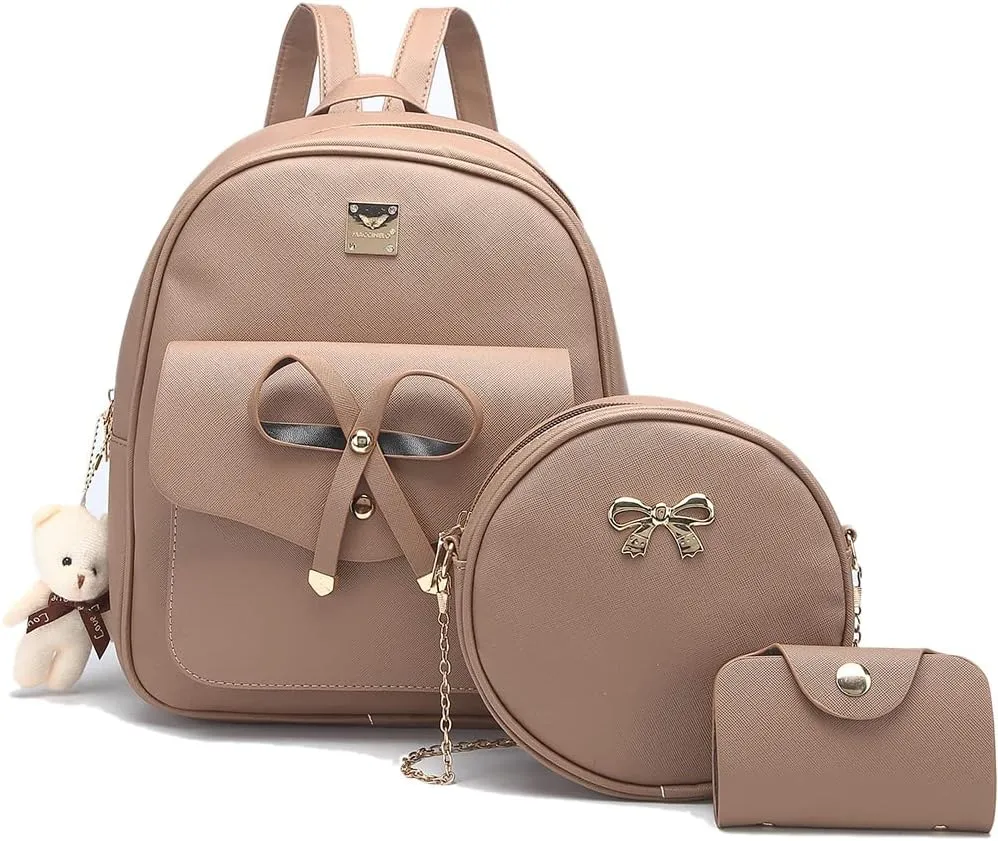 MACCINELO Cute Leather Mini Backpack Purse for Women Bowknot Small Backpack for Girls gift Rucksack Ladies Shoulder Bag 3pcs