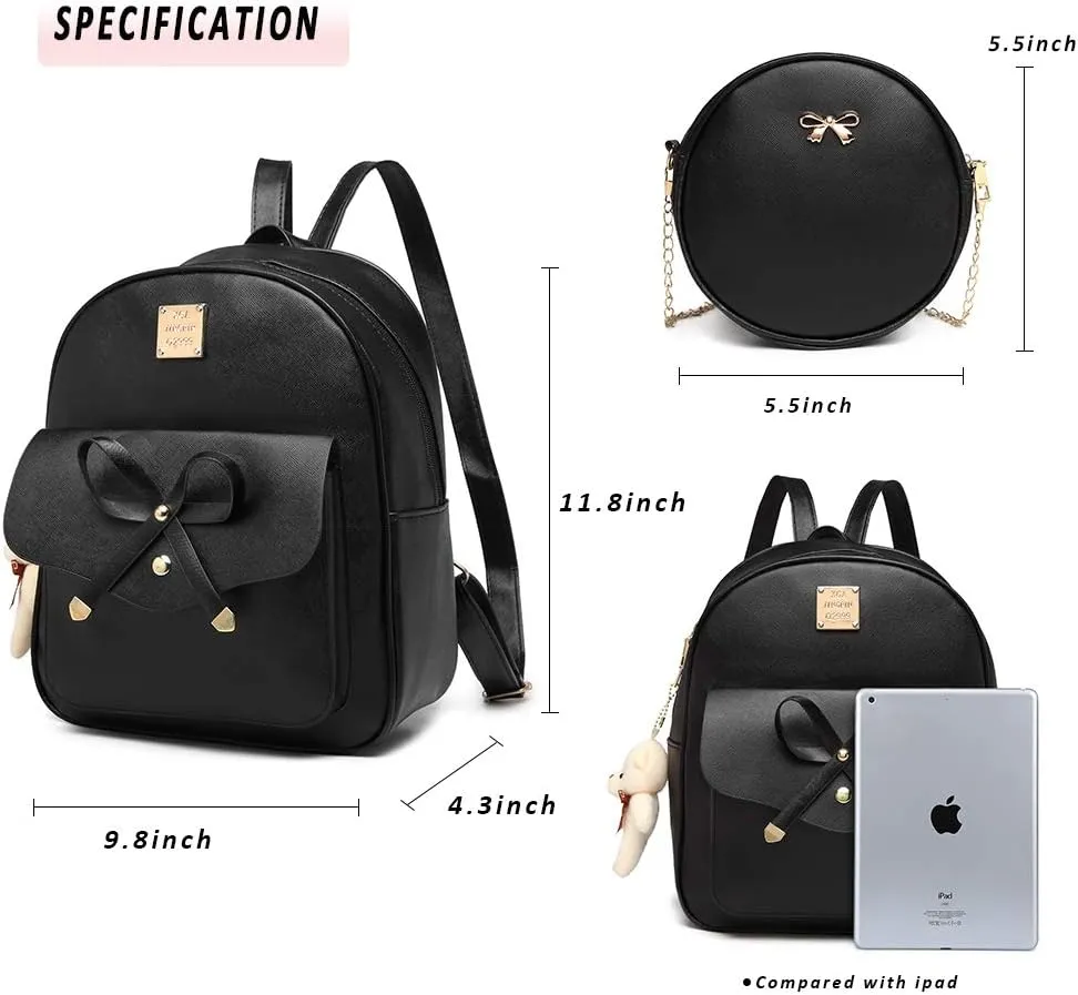 MACCINELO Cute Leather Mini Backpack Purse for Women Bowknot Small Backpack for Girls gift Rucksack Ladies Shoulder Bag 3pcs