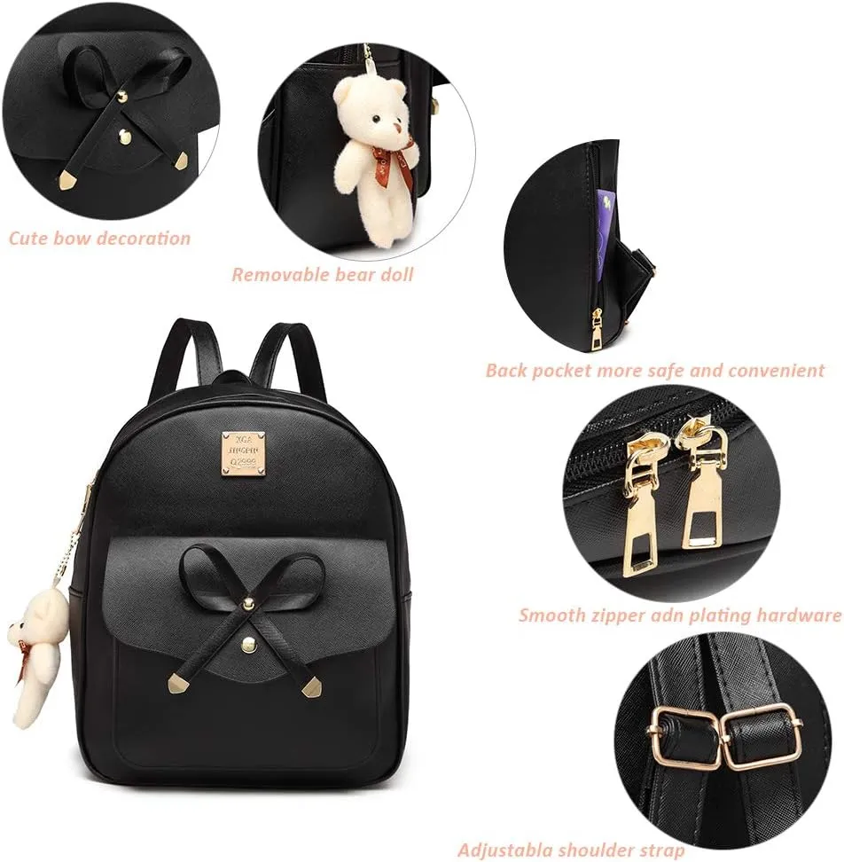 MACCINELO Cute Leather Mini Backpack Purse for Women Bowknot Small Backpack for Girls gift Rucksack Ladies Shoulder Bag 3pcs