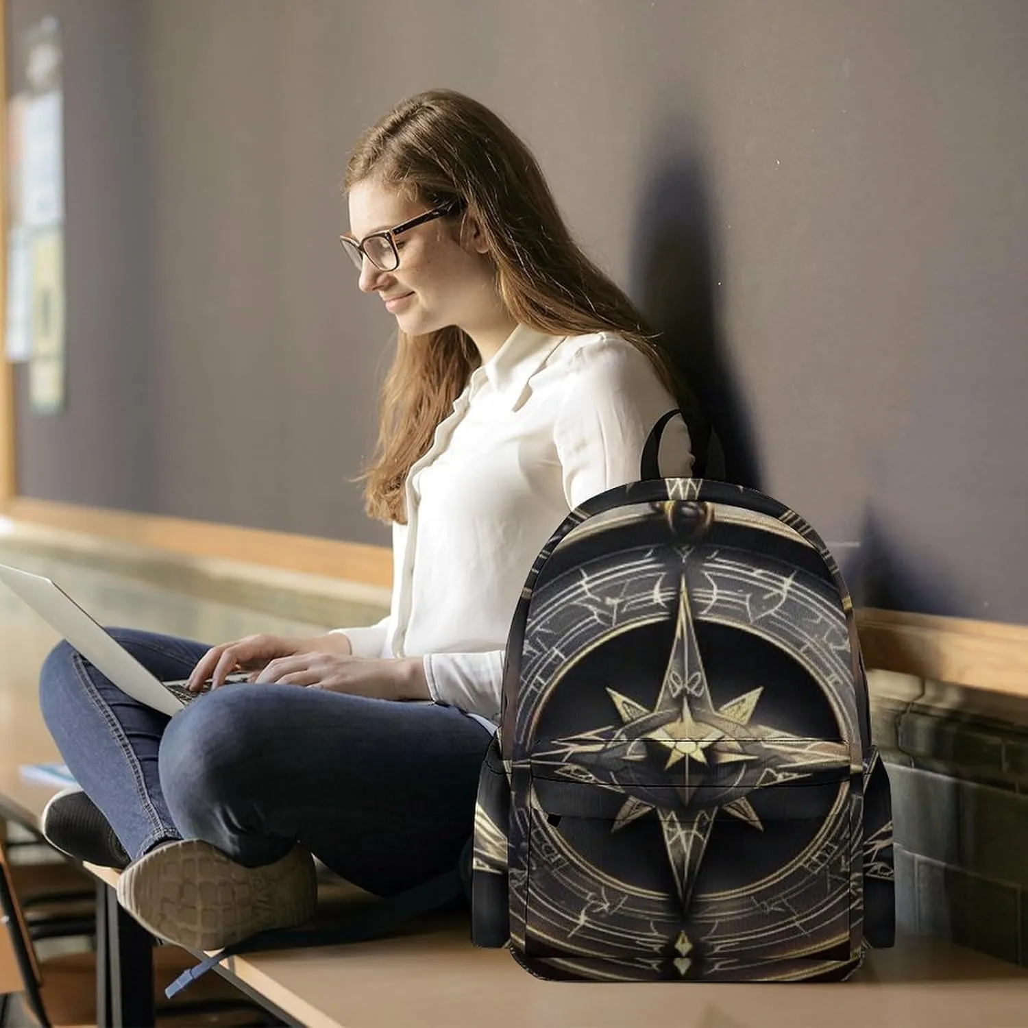 Magical Design Norse Runes Compass Print Laptop Backpacks Casual Shoulder Bag Travel Daypack Fashion for Men Women