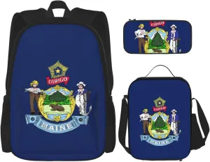 Maine State Flag Print Practicality Bag Casual Fashion Backpack Lunch Bag Pencil Case Camping Gear Bag