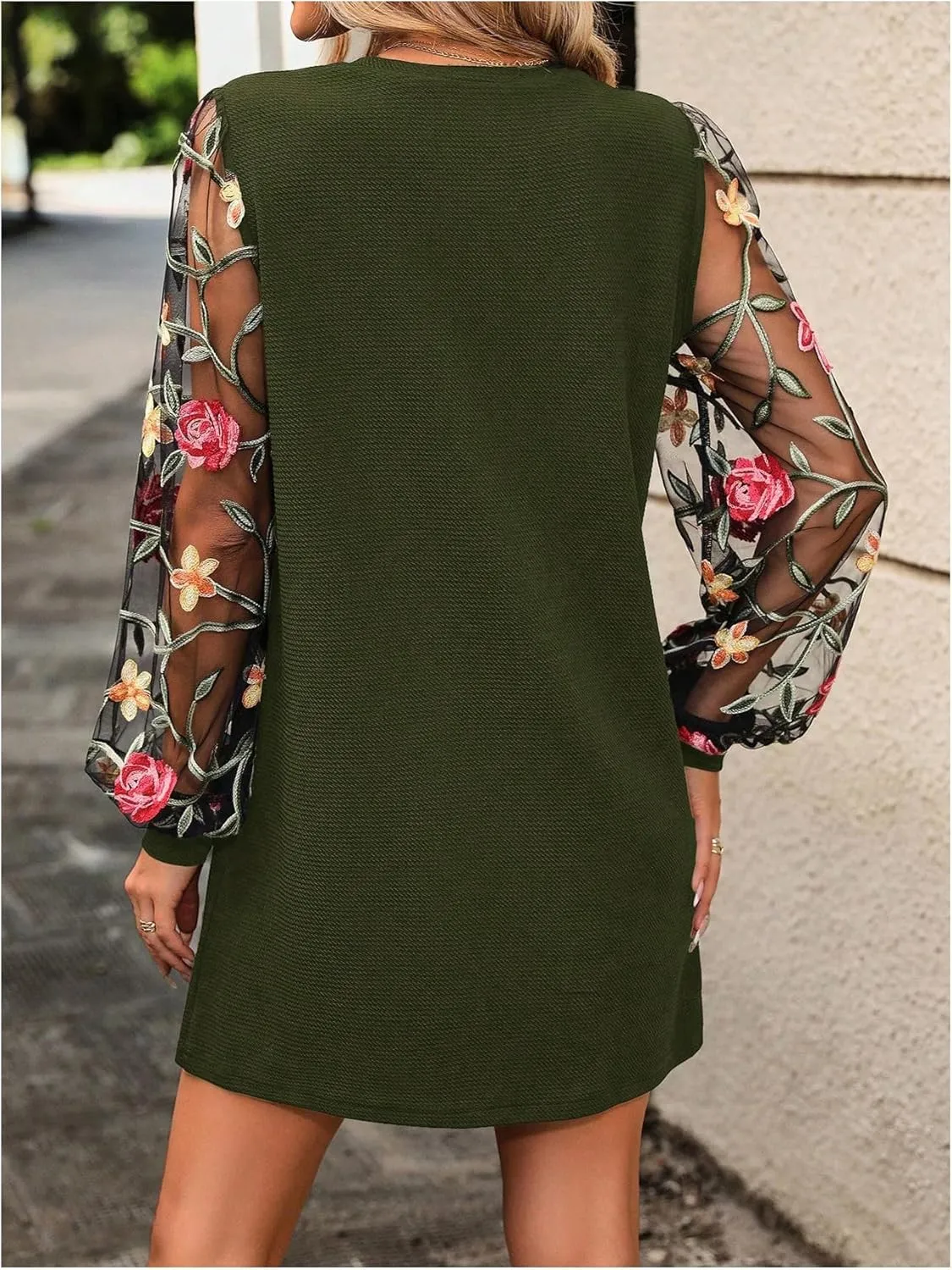 MakeMeChic Women's Sheer Dress Floral Mesh Long Sleeve Spring Dresses Crew Neck Lace Black Mini Dresses