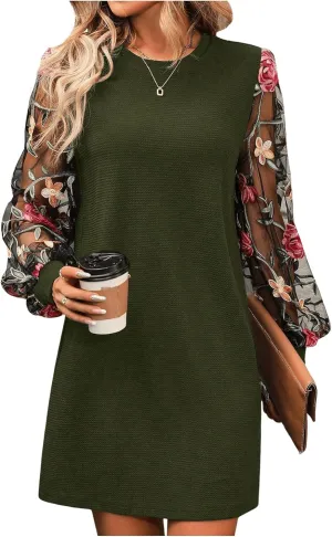 MakeMeChic Women's Sheer Dress Floral Mesh Long Sleeve Spring Dresses Crew Neck Lace Black Mini Dresses