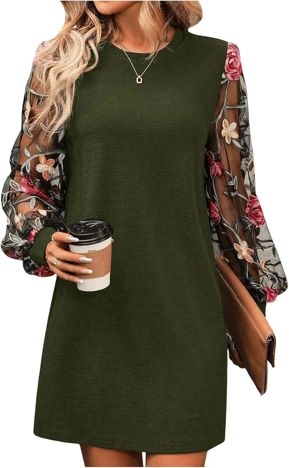 MakeMeChic Women's Sheer Dress Floral Mesh Long Sleeve Spring Dresses Crew Neck Lace Black Mini Dresses