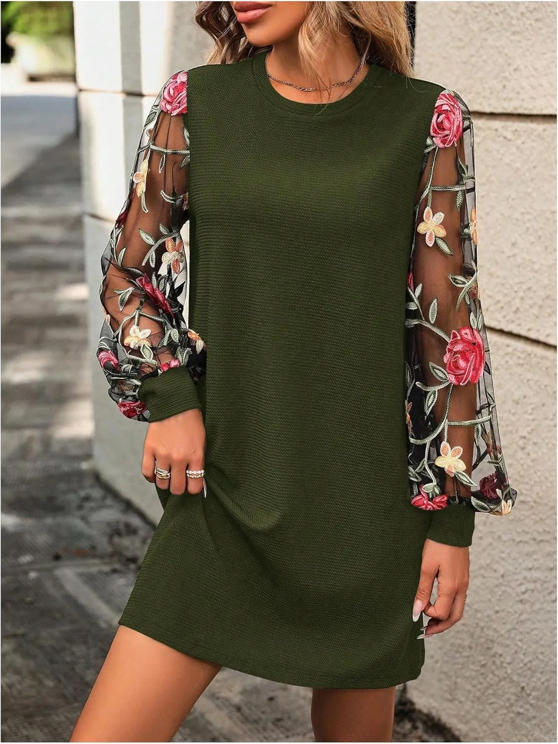 MakeMeChic Women's Sheer Dress Floral Mesh Long Sleeve Spring Dresses Crew Neck Lace Black Mini Dresses