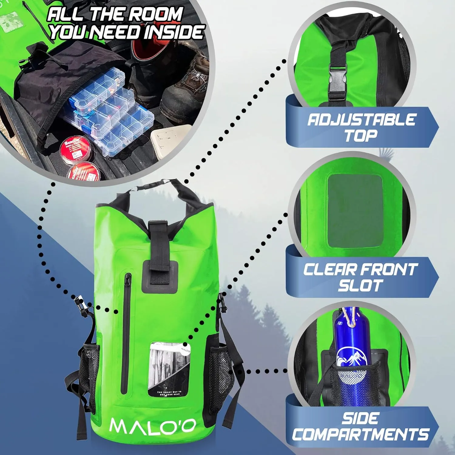 Malo'o 30L Waterproof Roll-Top Backpack - Ideal for Beach, Backpacking, Fishing, and Kayaking - Heavy-Duty Beach and Boat Accessory
