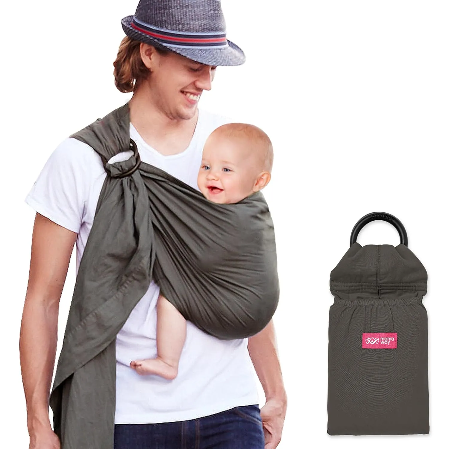 Mamaway Baby Ring Sling Carrier for Babies - Newborn and Toddler Sling (up to 154lbs), IHDI Certified, 100% Cotton Made, Soft & Breathable, Nylon 66 Safety Rings, Storage Pocket Design, Grey