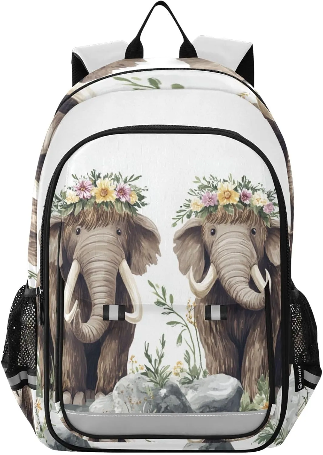 Mammoths Flower Elephant Backpack Kids School Bag Lightweight Laptop Backpack Elementary Capacity Student Bookbags for Travel Daypack with Reflective Stripes