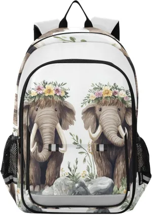 Mammoths Flower Elephant Backpack Kids School Bag Lightweight Laptop Backpack Elementary Capacity Student Bookbags for Travel Daypack with Reflective Stripes
