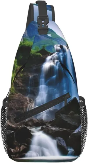 Man's Cross Chest Bag Diagonally Sling Backpack Shoulder Bag Scenic mountain waterfall Sling Bag for Women Hiking Daypack