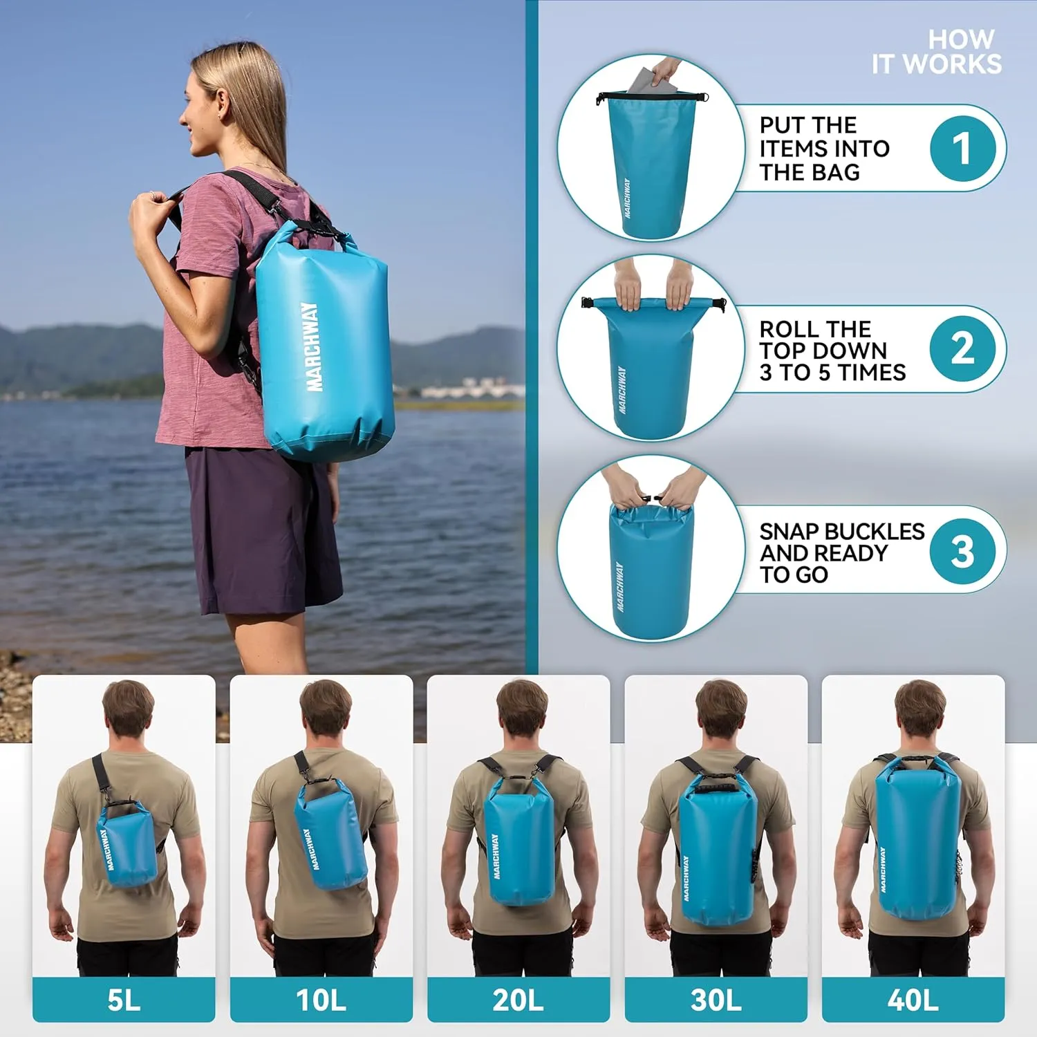 MARCHWAY Floating Waterproof Dry Bag Backpack 5L/10L/20L/30L/40L, Roll Top Sack Keeps Gear Dry for Kayaking, Rafting, Boating, Swimming, Camping, Hiking, Beach, Fishing