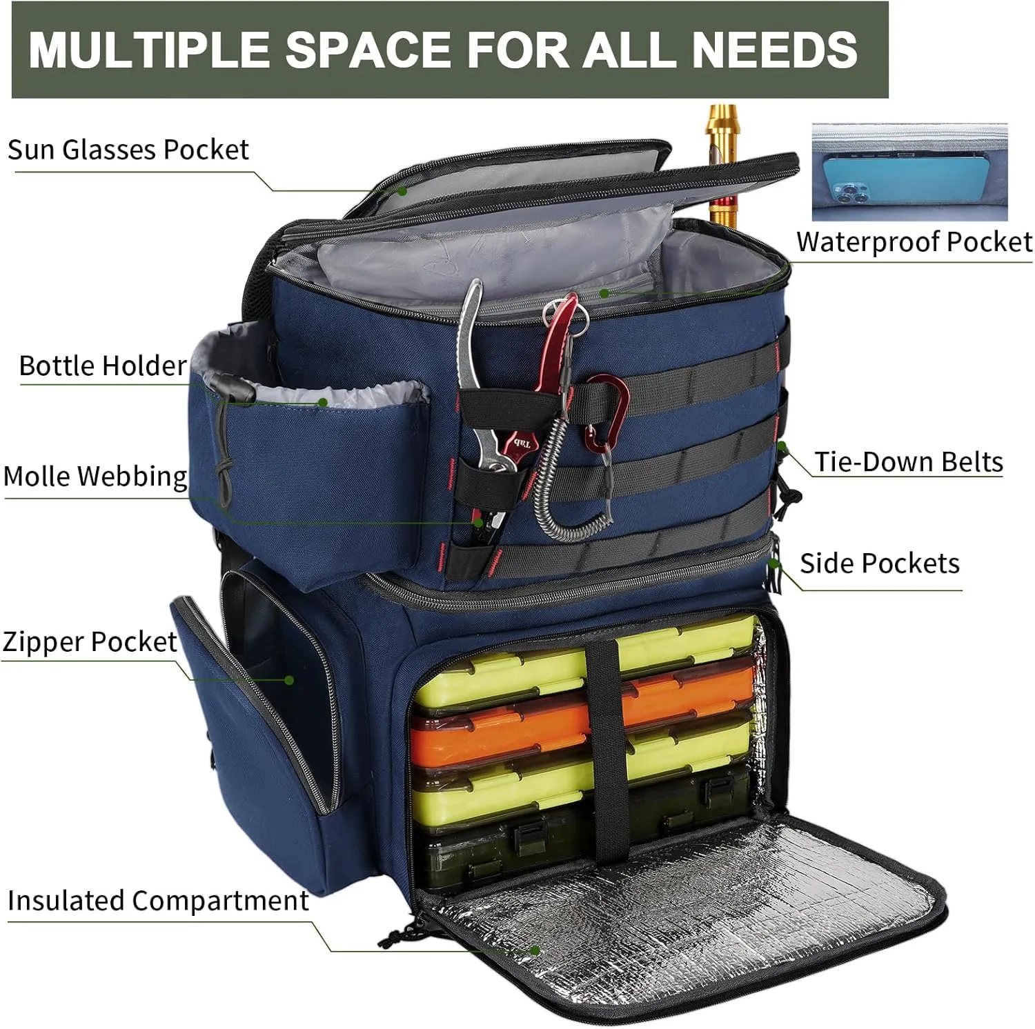 MATEIN Fishing Backpack, Water Resistant Fishing Tackle Box Bag with Rod Holders & Cooler, Gear Gifts for Men