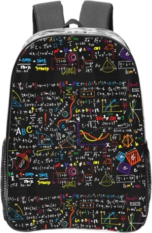 Math Formula Print Backpack PVC Clear Bag Large Capacity Reinforced Straps Travel Work Daily Use