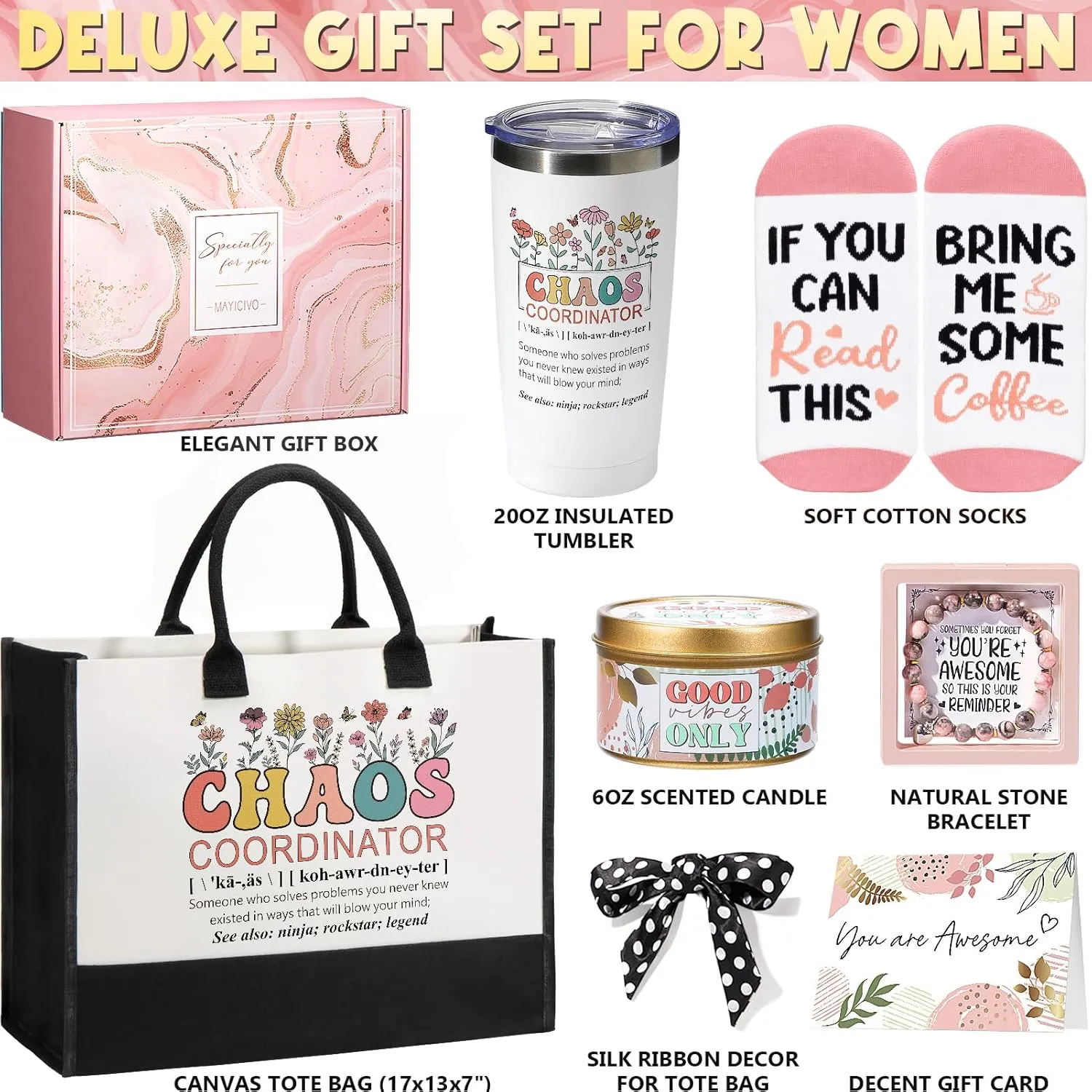 MAYICIVO Thank You Gifts for Women, Administrative Professional Day Chaos Coordinator Gifts for Coworkers Employee Boss Lady Manager Nurse Teacher Appreciation Gift Birthday Gift with Canvas Tote Bag