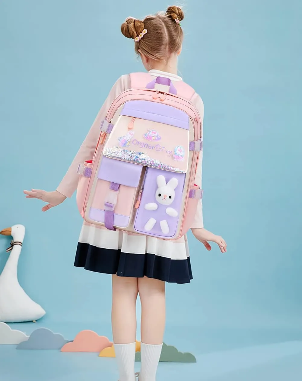 MCWTH School Backpack for Girls, Lightweight Waterproof Cute Bunny School Bookbag for Teen Kids Students Elementary (Rabbit Pink) Large