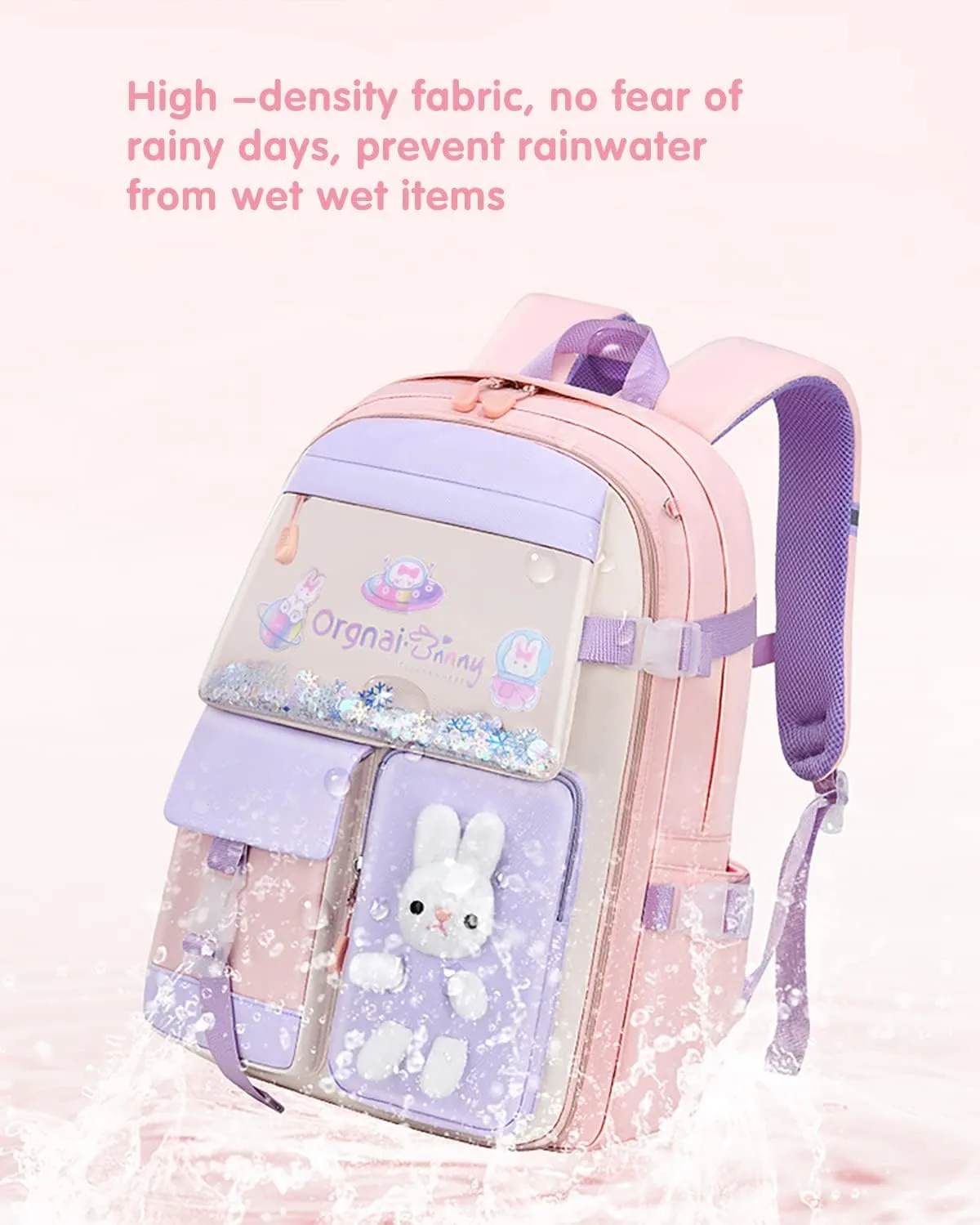 MCWTH School Backpack for Girls, Lightweight Waterproof Cute Bunny School Bookbag for Teen Kids Students Elementary (Rabbit Pink) Large